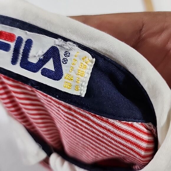 Vintage FILA Womens Medium collared sleeveless top Striped Red White Blue Shirt‎ - Picture 11 of 16